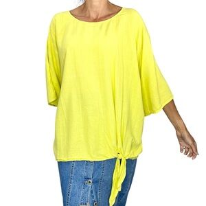 Lemon yellow linen blend tie front dolman short sleeve lightweight top XXL